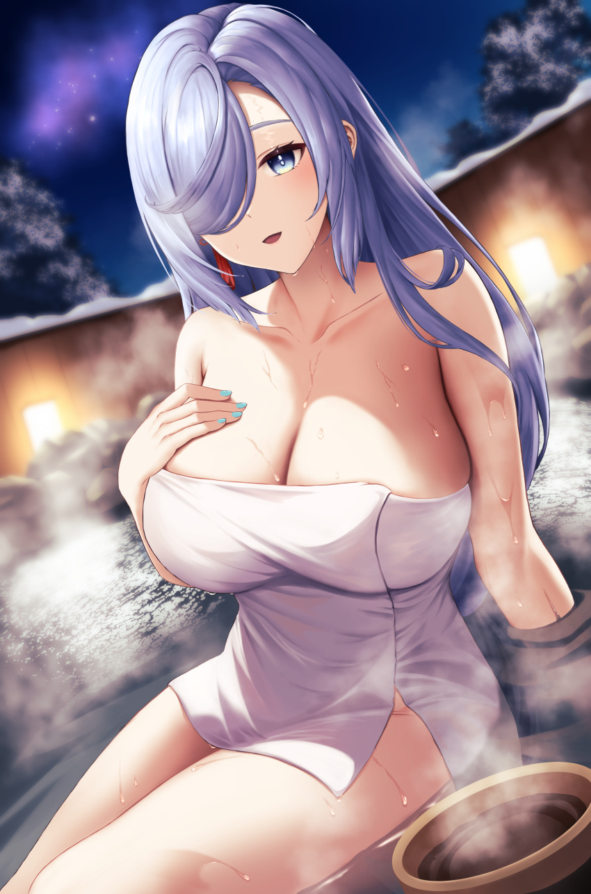 1girl absurdres arm_support aurora bare_arms blue_eyes blue_hair breasts cleavage collarbone commentary_request genshin_impact hair_over_one_eye highres large_breasts long_hair looking_at_viewer naked_towel night onsen open_mouth shenhe_(genshin_impact) sitting smile snow solo steam towel tree wet white_towel yumeto_(ym-1)