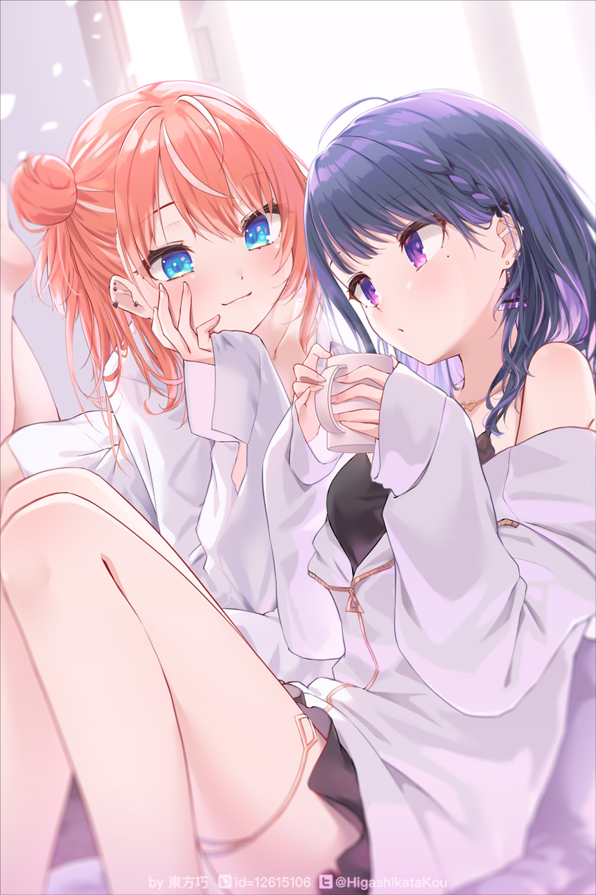 2girls :o ass barbell_piercing barefoot black_camisole blue_eyes braid camisole colored_inner_hair cup dress_shirt ear_piercing earrings feet_up hair_bun hand_on_own_cheek hand_on_own_face higashikata_kou highres holding holding_cup igarashi_rika jacket jewelry koshimizu_toru koshimizu_toru_(2nd_costume) long_hair long_sleeves looking_at_another lying mole mole_under_eye mug multicolored_hair multiple_girls naked_shirt necklace nijisanji off_shoulder on_stomach orange_hair piercing purple_eyes purple_hair shirt single_bare_shoulder single_side_bun sitting sleeves_past_wrists smile streaked_hair thighlet triangle_earrings virtual_youtuber white_hair white_jacket white_shirt yuri zipper zipper_pull_tab