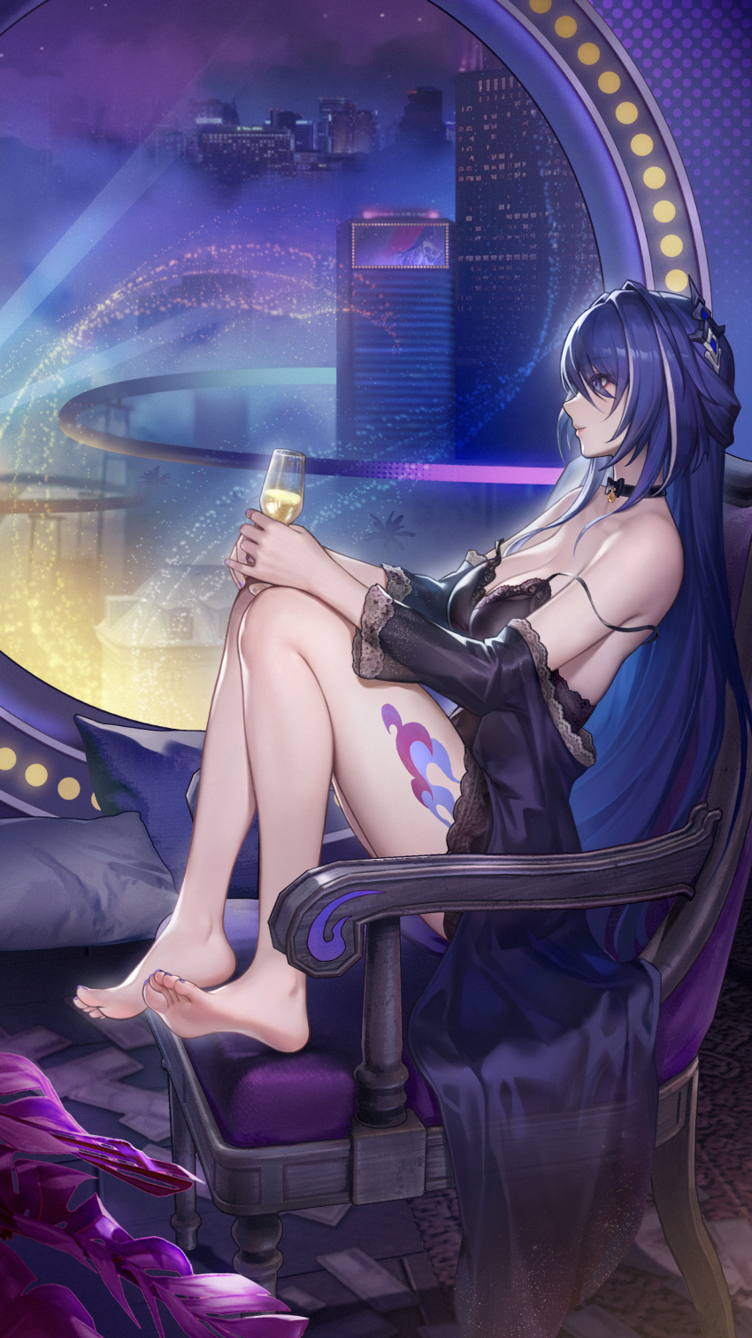 1girl absurdres acheron_(honkai:_star_rail) alternate_costume bare_legs bare_shoulders barefoot black_bra black_choker black_dress bra breasts choker city cleavage commentary_request cup dress drinking_glass grey_hair hair_ornament highres holding holding_cup honkai:_star_rail honkai_(series) knees_up large_breasts le_(huanglongen) leg_tattoo long_hair long_sleeves multicolored_hair off_shoulder pillow purple_eyes purple_hair sitting smile solo strap_slip streaked_hair tattoo thighs underwear very_long_hair wine_glass