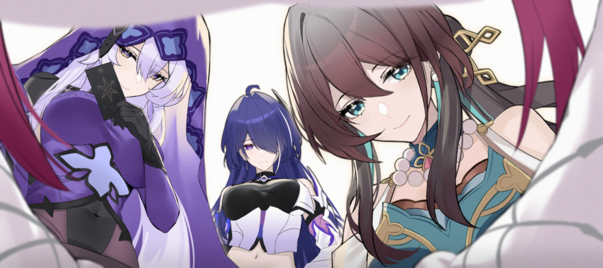 3girls acheron_(honkai:_star_rail) bare_shoulders black_swan_(honkai:_star_rail) blue_eyes blue_hair breasts brown_hair commentary_request dress highres honkai:_star_rail honkai_(series) kafka_(honkai:_star_rail) long_hair looking_at_viewer medium_breasts midriff multicolored_hair multiple_girls navel purple_dress purple_eyes purple_hair ruan_mei_(honkai:_star_rail) smile srpzk stomach streaked_hair unfinished upper_body veil very_long_hair