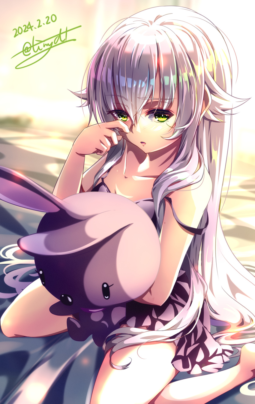 1girl 2024 absurdres altina_orion bare_arms bare_legs dated dress eiyuu_densetsu green_eyes grey_hair hair_between_eyes hair_down highres long_hair nightgown open_mouth purple_dress sen_no_kiseki sen_no_kiseki_ii short_dress signature sitting sleeping sleepwear sleeveless sleeveless_dress solo straight_hair strap_slip stuffed_animal stuffed_rabbit stuffed_toy tinybiard very_long_hair wariza