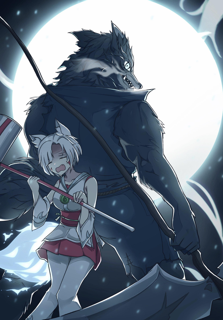 1boy 1girl =_= absurdres animal_ear_fluff backlighting brawlhalla breasts closed_eyes collarbone commentary cringywoomy d: detached_sleeves dress english_commentary facial_mark facing_viewer fangs fangs_out feet_out_of_frame fox_girl full_moon furry glowing_tail grey_fur hammer height_difference highres holding holding_hammer holding_scythe holding_weapon japanese_clothes kitsune kyuubi looking_at_viewer looking_back medium_breasts miko moon mordex multiple_tails obi pants partially_shaded_face pigeon-toed pleated_skirt red_shirt red_skirt sash scythe shirt size_difference skirt sledgehammer steam_from_mouth tail talisman torn_clothes war_hammer weapon werewolf white_dress white_fur white_pants white_shirt wolf_boy yumiko_(brawlhalla)