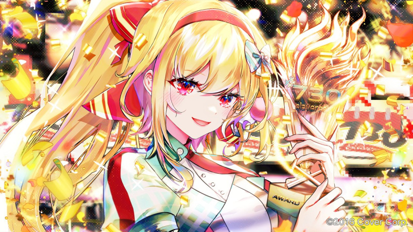 1girl blonde_hair blush bow close-up confetti english_commentary hair_bow hairband high_ponytail holding holding_trophy hololive hololive_indonesia idol kaela_kovalskia long_hair looking_at_viewer red_bow red_eyes red_hairband shirt solo sowon stage trophy virtual_youtuber white_shirt