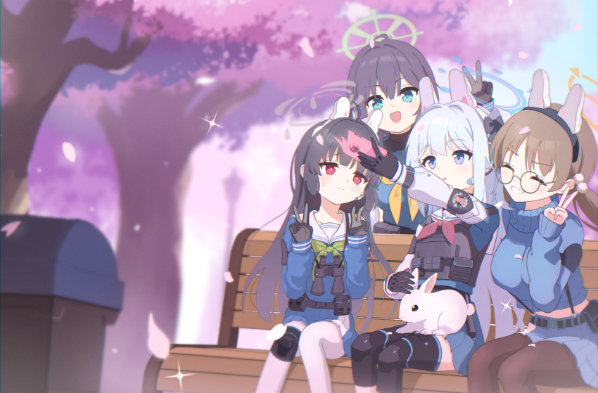 4girls absurdres ahoge animal animal_ears bench black_gloves black_hair black_pantyhose blue_archive blue_halo blue_serafuku blue_skirt blush brown_hair cellphone cherry_blossoms closed_eyes double_v fake_animal_ears gloves green_eyes green_halo grey_hair grey_halo grin halo highres holding holding_phone knee_pads kuroi_taimu long_hair long_sleeves miyako_(blue_archive) miyu_(blue_archive) moe_(blue_archive) multiple_girls neckerchief one_side_up open_mouth pantyhose parted_lips petals phone pink_neckerchief pleated_skirt purple_eyes rabbit rabbit_ears rabbit_platoon_(blue_archive) red_eyes sailor_collar saki_(blue_archive) school_uniform serafuku sitting skirt smartphone smile twintails two-tone_skirt v white_pantyhose white_sailor_collar white_skirt yellow_halo