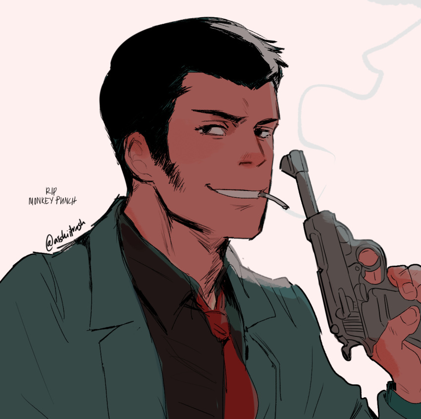 1boy adam's_apple ai-shii_(kasehara-chan) arsene_lupin_iii black_eyes black_hair black_shirt collared_shirt green_jacket grin gun handgun highres holding holding_gun holding_weapon jacket long_sideburns looking_at_viewer lupin_iii male_focus monkey_punch necktie red_necktie shirt short_hair sideburns smile smoke_trail smoking solo twitter_username walther walther_p38 weapon