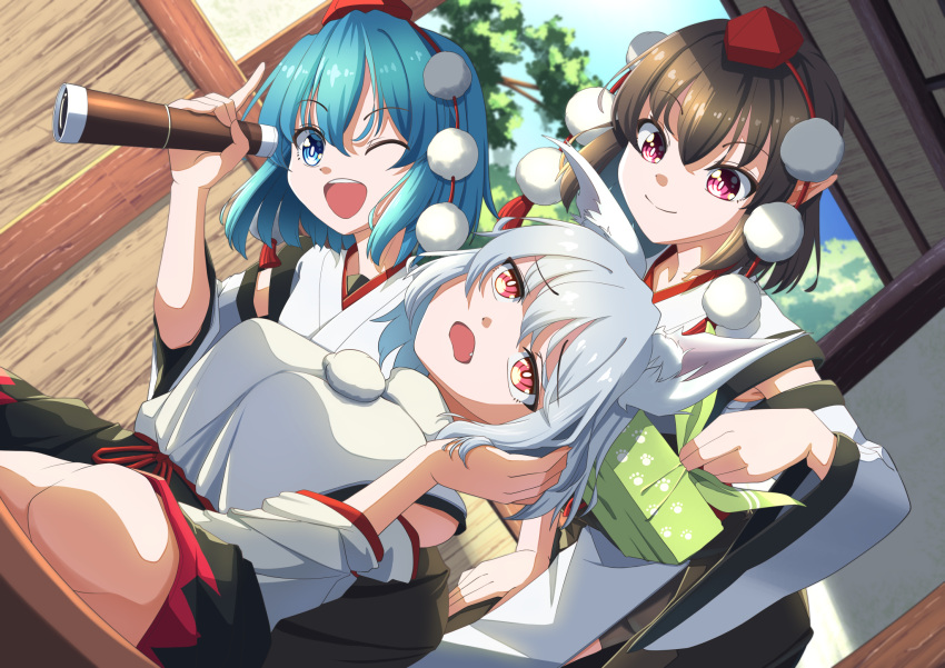 amanoyayuki animal_ears black_hair blue_eyes blue_hair chest_sarashi cirno detached_sleeves dutch_angle gift hat highres holding holding_gift holding_telescope inubashiri_momiji kourindou_tengu_costume looking_through_scope one_eye_closed open_mouth paw_print pointy_ears pom_pom_(clothes) red_eyes sarashi shameimaru_aya short_hair smile telescope tokin_hat touhou white_hair wide_sleeves wolf_ears