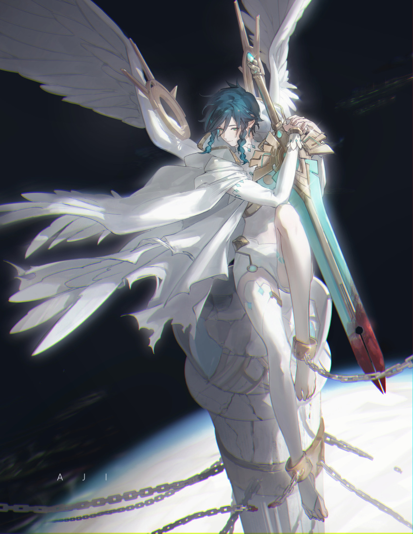 1boy absurdres aji_11300913 ankle_cuffs aqua_hair arm_warmers barefoot black_hair blood blood_on_weapon braid bridal_legwear broken broken_chain chain chained cloak closed_mouth crop_top feathered_wings full_body genshin_impact glint gradient_hair greatsword green_eyes highres holding holding_sword holding_weapon hood hood_down hooded_cloak hugging_object knee_up leg_tattoo looking_to_the_side male_focus midriff multicolored_hair multiple_wings official_alternate_costume pillar shirt short_hair_with_long_locks shorts side_braids single_thighhigh sitting skyward_pride_(genshin_impact) sleeveless sleeveless_shirt smile solo space sword tattoo thighhighs venti_(archon)_(genshin_impact) venti_(genshin_impact) weapon white_cloak white_shirt white_shorts white_thighhighs white_wings wings