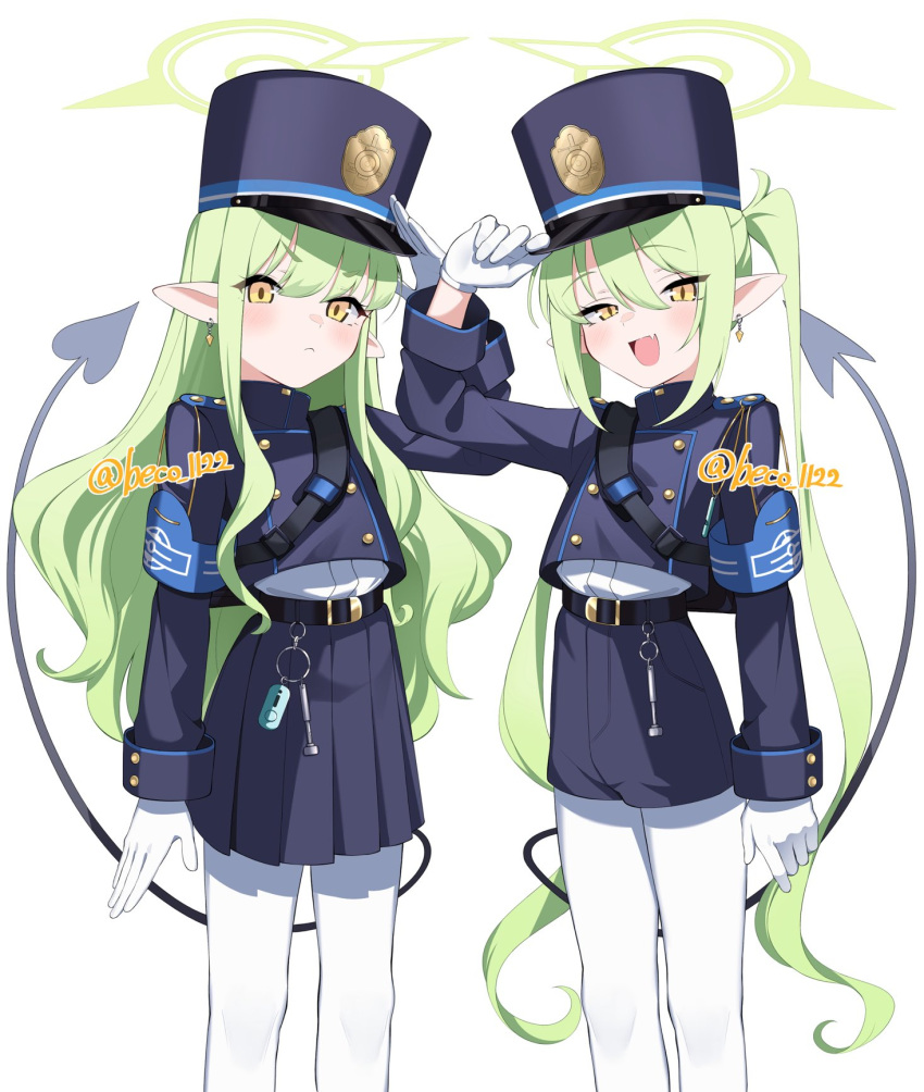 2girls armband beko_(beco_1122) belt black_belt black_hat black_shirt black_skirt blue_archive blue_armband buttons closed_mouth double-breasted fang feet_out_of_frame green_hair hat highlander_sidelocks_conductor_(blue_archive) highlander_twintails_conductor_(blue_archive) highres long_hair long_sleeves looking_at_viewer multiple_girls open_mouth pantyhose peaked_cap pointy_ears shirt simple_background skin_fang skirt smile twintails twitter_username white_background white_pantyhose yellow_eyes