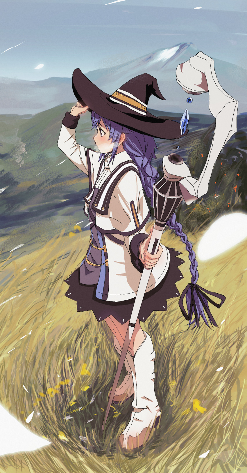 absurdres blue_hair boots braid dress hand_on_headwear hat highres holding holding_staff iwashi_neko long_braid long_hair mage_staff mountain mushoku_tensei outdoors profile roxy_migurdia snowing staff standing thigh_boots twin_braids very_long_hair white_dress white_footwear witch_hat