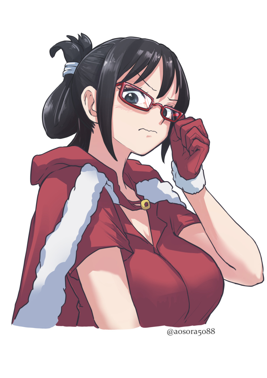 1girl alternate_costume aosora2823 artist_name black_eyes black_hair closed_mouth commentary english_commentary glasses gloves hair_ornament highres looking_at_viewer medium_hair one_piece red-framed_eyewear red_gloves red_shirt shirt short_sleeves simple_background solo tashigi twitter_username white_background