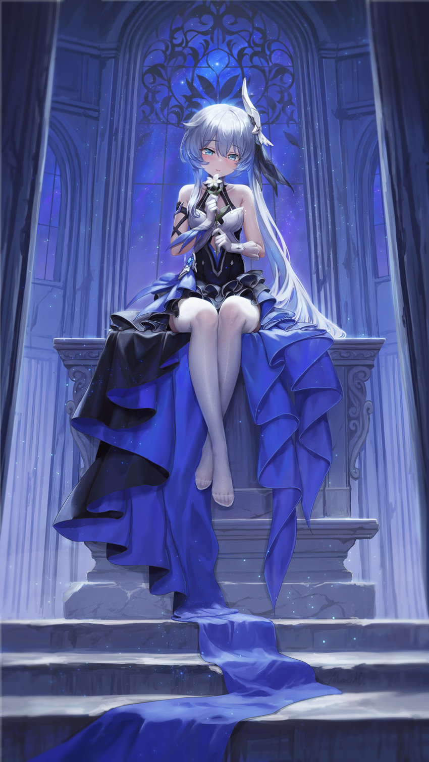 1girl bare_shoulders black_dress blue_eyes closed_mouth commentary_request crossed_ankles dress flower gloves grey_hair highres holding holding_flower honkai_(series) honkai_impact_3rd indoors long_hair looking_at_viewer maoh_yueer night no_shoes sitting sky sleeveless sleeveless_dress solo star_(sky) starry_sky theresa_apocalypse theresa_apocalypse_(twilight_paladin) thighhighs toes very_long_hair white_flower white_gloves white_thighhighs window