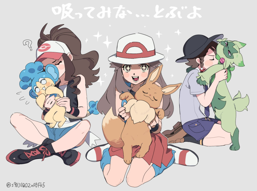 +_+ 3girls baseball_cap black_footwear black_hat black_socks black_vest boots brown_eyes brown_footwear brown_hair commentary_request eevee floragato grey_background grey_shirt hat highres hilda_(pokemon) holding holding_pokemon juliana_(pokemon) leaf_(pokemon) long_hair miyage_no_nukegara multiple_girls necktie open_clothes open_vest panpour pleated_skirt pokemon pokemon_(creature) pokemon_bw pokemon_frlg pokemon_sv shirt shoes short_sleeves shorts sidelocks sitting skirt socks translation_request vest white_footwear white_hat white_shirt