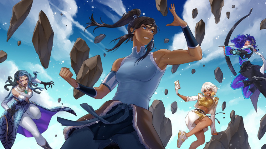 4girls arrow_(projectile) avatar_legends biceps bow_(weapon) brown_hair clenched_teeth commentary dark-skinned_female dark_skin element_bending english_commentary fighting_stance fortnite highres irene_koh korra multiple_girls official_art pelt ponytail rock sleeveless snake_hair teeth the_legend_of_korra weapon