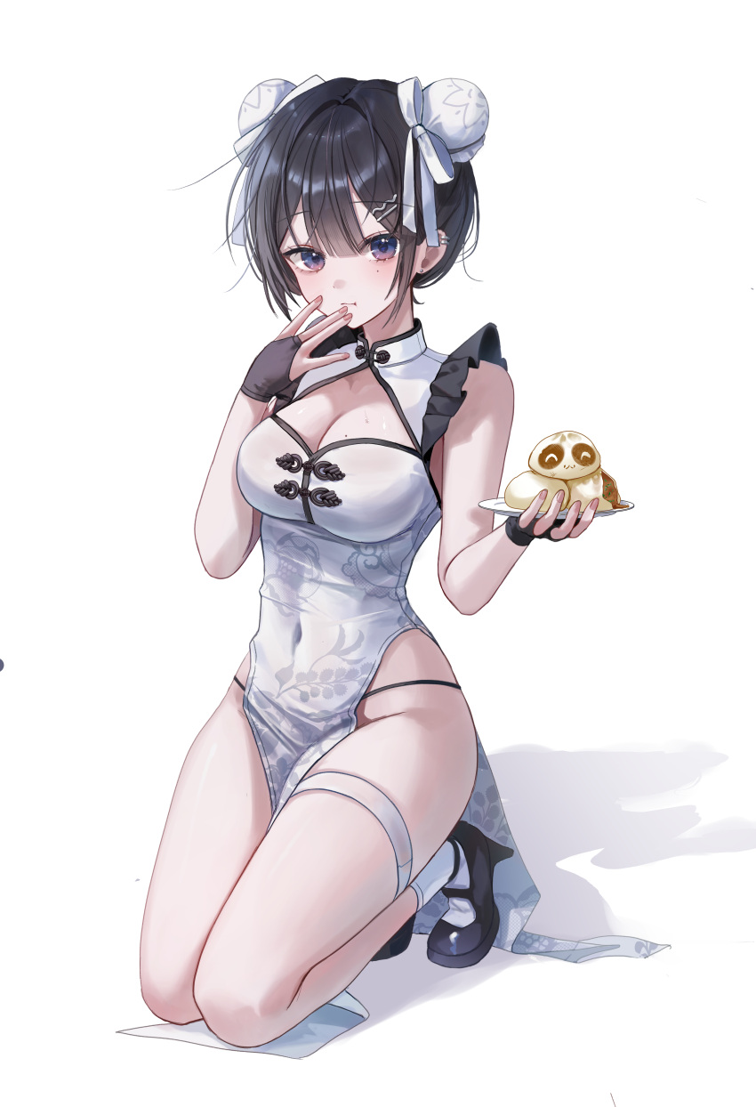 1girl :t absurdres baozi bare_shoulders black_footwear black_gloves black_hair breasts bun_cover china_dress chinese_clothes cleavage cleavage_cutout clothing_cutout covered_navel double_bun dress ear_piercing eating fingerless_gloves food frilled_dress frills gloves hair_bun hair_ornament hair_ribbon hairclip hand_up highres holding holding_plate kneeling large_breasts looking_at_viewer mary_janes mole mole_on_breast mole_under_eye myowa original panty_straps pelvic_curtain piercing plate purple_eyes ribbon shoes short_hair simple_background sleeveless sleeveless_dress socks solo spaghetti_strap sweat thigh_strap thighs white_background white_dress white_socks