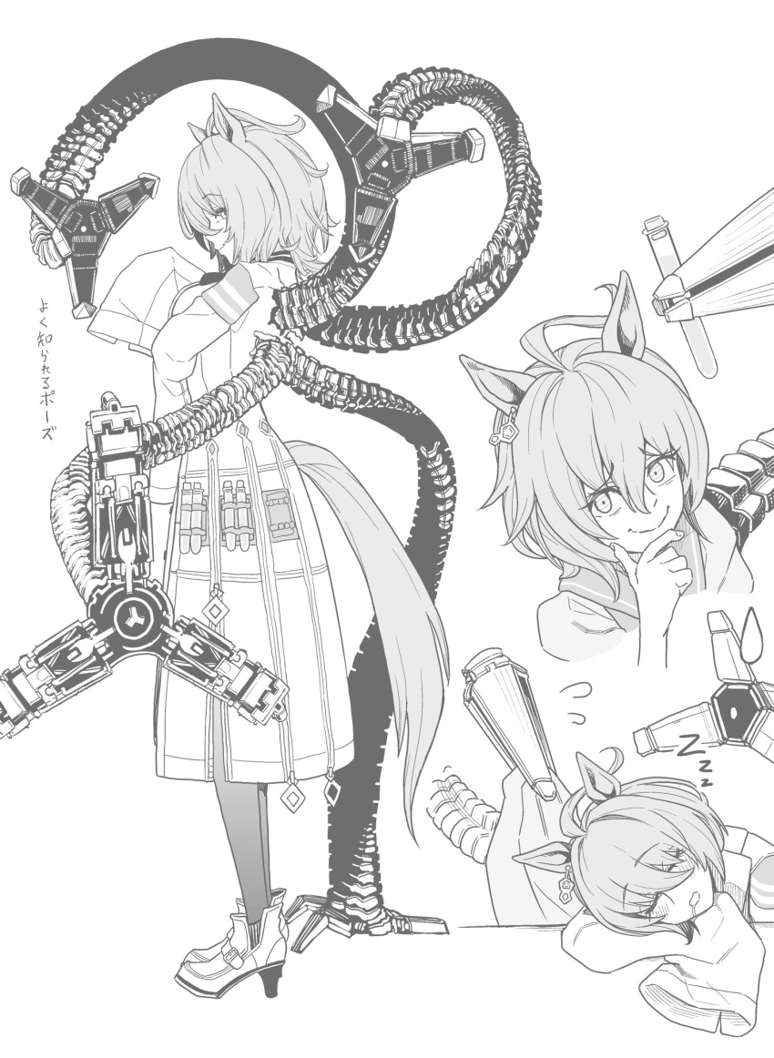 1girl agnes_tachyon_(umamusume) ahoge animal_ears earrings full_body hair_between_eyes highres horse_ears horse_girl horse_tail jewelry kimihitsuji lab_coat long_sleeves marvel mechanical_tentacles multiple_views necktie school_uniform shoes short_hair single_earring sleeping sleeves_past_fingers sleeves_past_wrists solo spider-man_(series) spider-man_2 tail tracen_school_uniform zzz