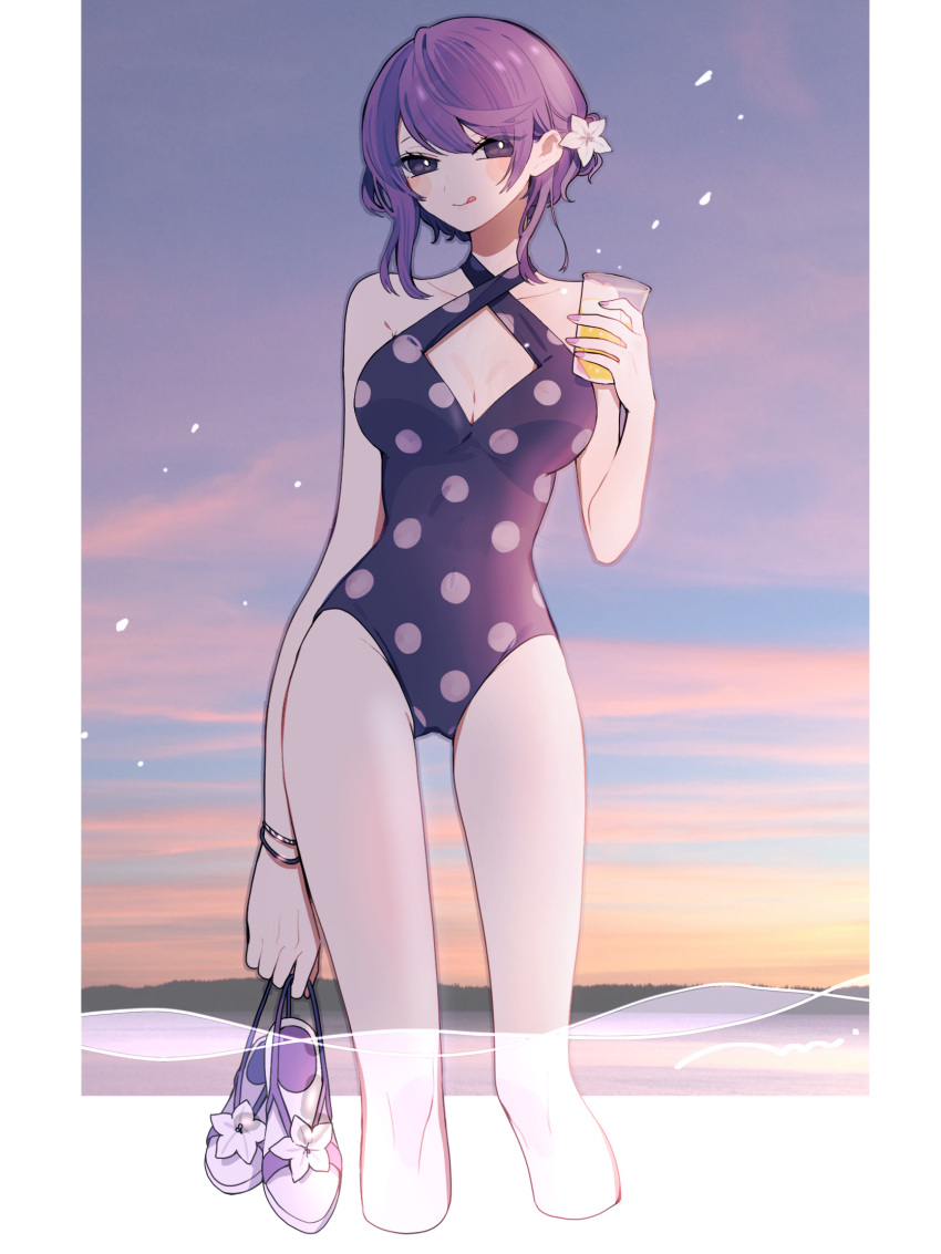 1girl :q bad_arm bare_arms bare_legs bare_shoulders black_one-piece_swimsuit border bracelet breasts bright_pupils casual_one-piece_swimsuit cleavage covered_navel cropped_legs cup flower footwear_flower hair_flower hair_ornament halterneck highres holding holding_cup holding_shoes jewelry large_breasts licking_lips looking_at_viewer maco22 medium_breasts ocean one-piece_swimsuit original outdoors outside_border polka_dot polka_dot_swimsuit purple_eyes purple_hair sandals shoes short_hair smile solo standing swimsuit tongue tongue_out unworn_sandals wading water white_border white_flower white_pupils