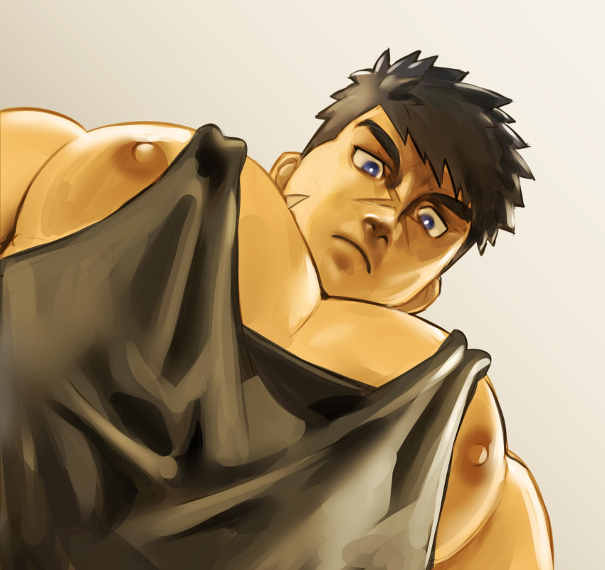 1boy bara black_tank_top expressionless foreshortening from_below highres hyuntae_(uza) large_pectorals looking_at_viewer looking_down male_focus meme muscular muscular_male nipple_slip nipples original pectoral_cleavage pectoral_focus pectorals photo-referenced scar scar_on_cheek scar_on_face short_hair sidepec solo tank_top thick_eyebrows upper_body uza_(hellme) yur_oc_like_this_(meme)