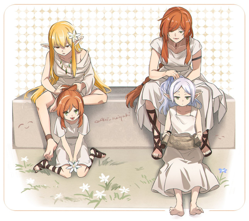 3girls aged_down aki_(neyuki41028) anklet armlet barefoot block_(object) blonde_hair braid braided_ponytail closed_mouth dot_mouth dress elf flamme_(sousou_no_frieren) frieren gem gladiator_sandals green_eyes jewelry long_dress long_hair multiple_girls necklace open_mouth pointy_ears ponytail red_hair sandals serie_(sousou_no_frieren) short_dress short_sleeves sidelocks single_sleeve sitting sleeveless sleeveless_dress smile sousou_no_frieren twitter_username tying_another's_hair very_long_hair white_dress white_hair yellow_eyes