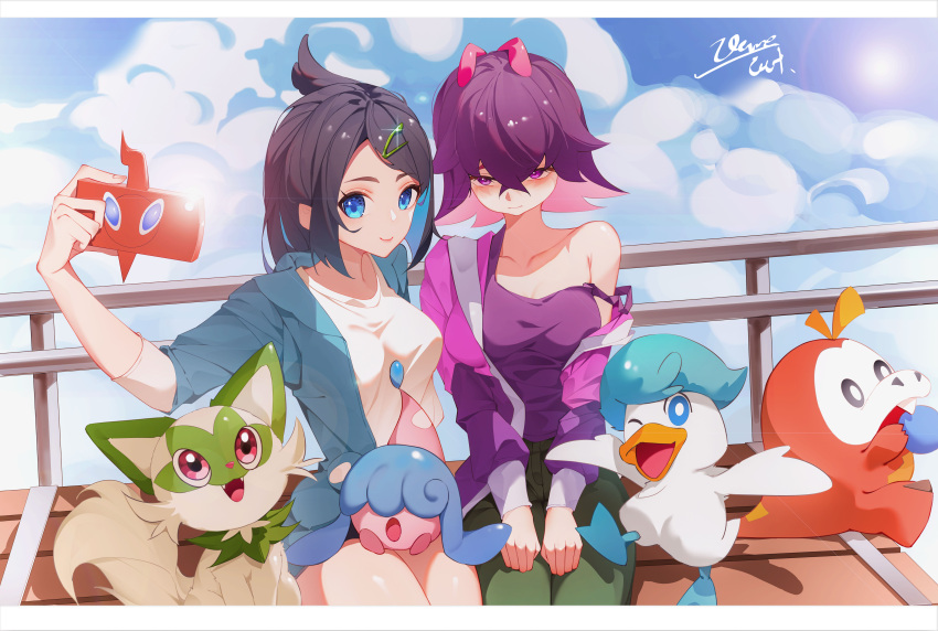 2girls absurdres breasts cardigan closed_mouth collarbone commentary_request day dot_(pokemon) fence fuecoco green_pants hair_between_eyes hatenna highres holding holding_phone jacket liko_(pokemon) multiple_girls oare_cat on_lap open_clothes open_jacket outdoors pants phone pokemon pokemon_(anime) pokemon_(creature) pokemon_horizons pokemon_on_lap purple_eyes purple_hair purple_shirt quaxly rotom rotom_phone shirt sitting sleeveless sleeveless_shirt sprigatito strap_slip white_shirt