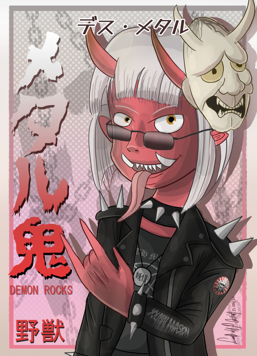 1girl black_jacket colored_skin cropped_jacket demon demon_girl demon_horns hannya heavy_metal highres horns horns_pose jacket non-web_source oni original red_skin self-upload toon_(style)