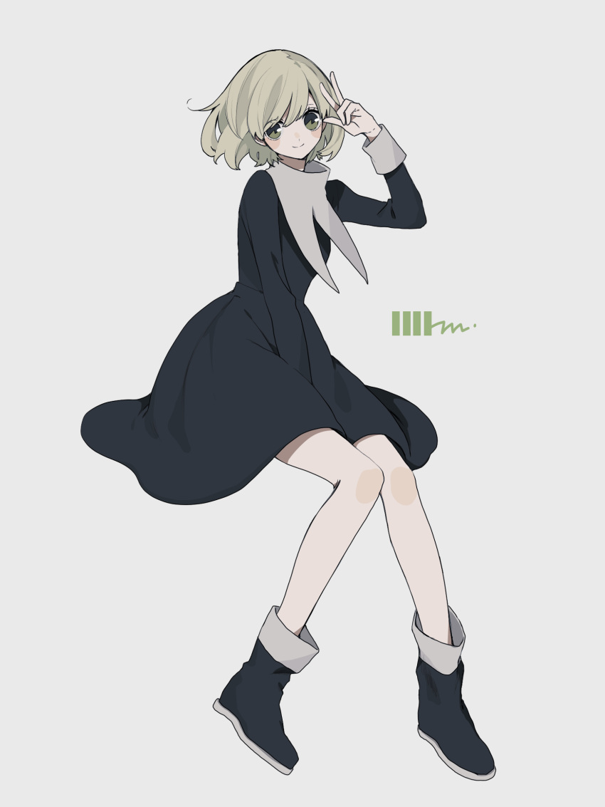 1girl between_legs black_dress black_footwear blonde_hair blush_stickers boots closed_mouth dress full_body green_eyes hand_between_legs hand_up highres invisible_chair long_sleeves looking_at_viewer maco22 original short_hair signature simple_background sitting smile solo v white_background