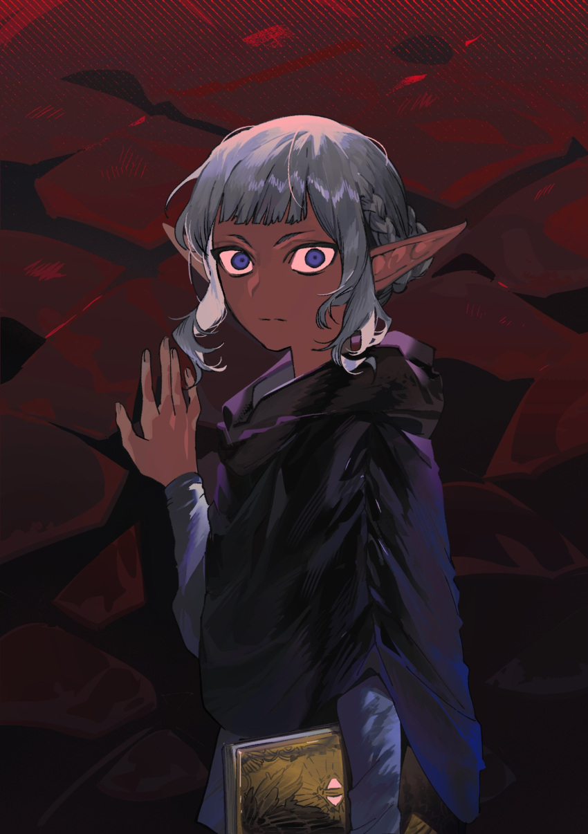 1boy androgynous black_robe book dark-skinned_male dark_skin dungeon_meshi elf expressionless gapamopa grey_hair hair_bun highres holding holding_book looking_at_viewer male_focus pointy_ears purple_eyes red_background robe short_bangs solo thistle_(dungeon_meshi) upper_body wide-eyed