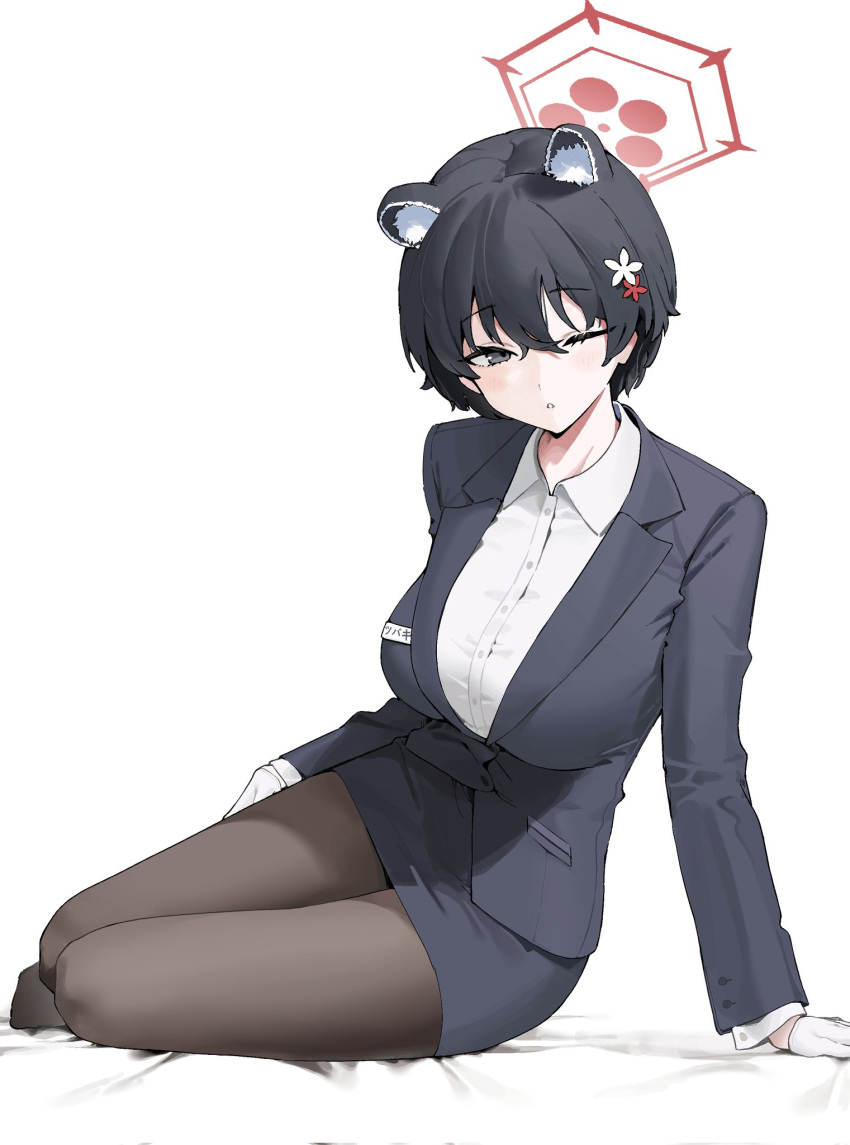 1girl animal_ears black_hair blue_archive breasts button_gap check_commentary collared_shirt commentary commentary_request gloves grey_eyes hair_between_eyes hair_ornament halo highres large_breasts long_hair lying mark_jin miniskirt name_tag official_alternate_costume on_bed one_eye_closed pantyhose partial_commentary pencil_skirt red_halo shirt short_hair skirt solo tour_guide translated tsubaki_(blue_archive) tsubaki_(guide)_(blue_archive) white_background white_gloves