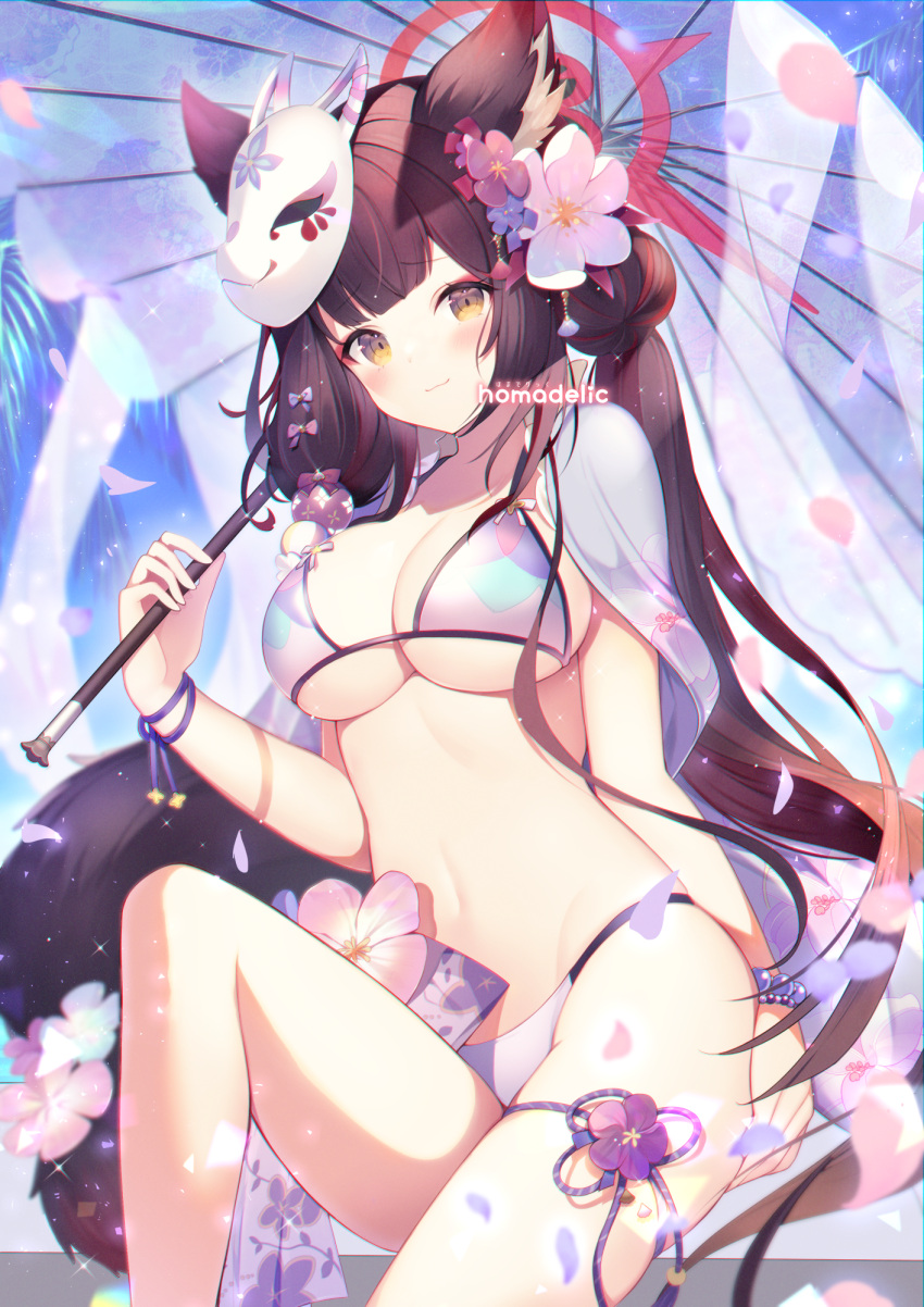 1girl animal_ears bead_bracelet beads bikini blue_archive blunt_bangs bracelet breasts brown_hair cape cleavage closed_mouth eyeshadow flower fox_ears fox_girl fox_mask fox_tail front-tie_bikini_top front-tie_top grey_hair hair_bun hair_flower hair_ornament halo hand_up heart heart-shaped_pupils highres holding holding_umbrella homaderi jewelry large_breasts light_particles makeup mask mask_on_head navel official_alternate_costume petals pink_flower red_eyeshadow red_halo single_side_bun smile solo stomach string_bikini swimsuit symbol-shaped_pupils tail thigh_strap thighs transparent transparent_umbrella umbrella wakamo_(blue_archive) wakamo_(swimsuit)_(blue_archive) white_bikini yellow_eyes