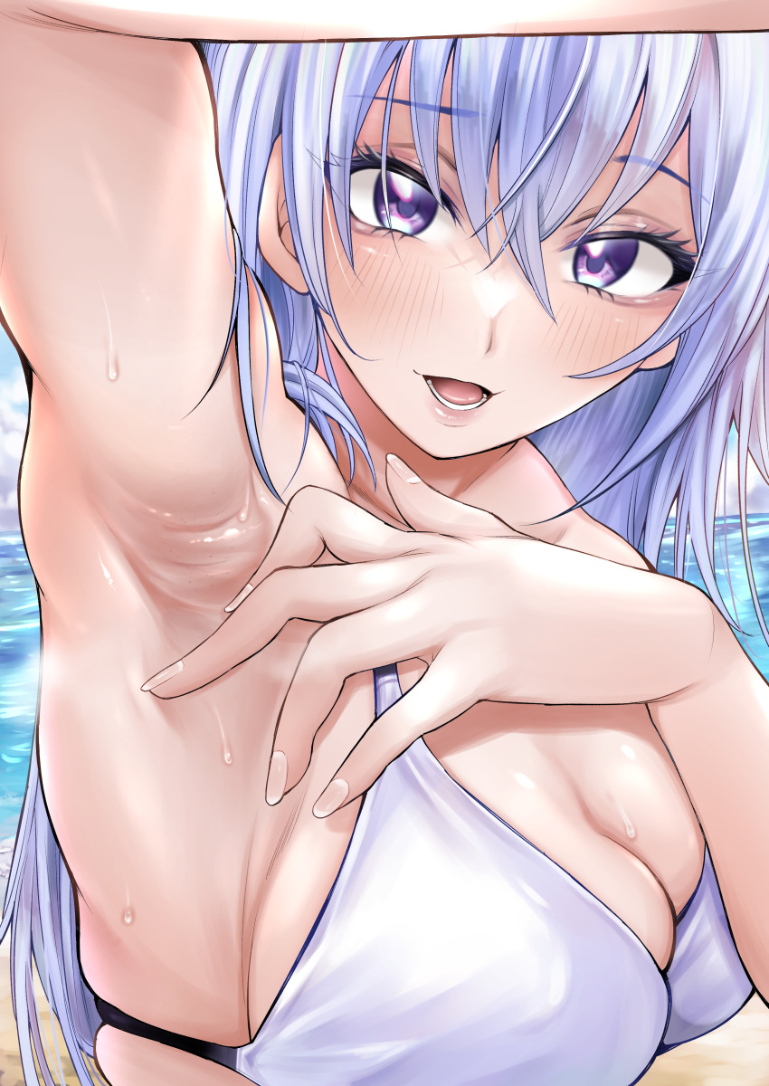 1girl absurdres arm_up armpits bikini blue_hair blush breasts cleavage fingernails highres idolmaster idolmaster_shiny_colors long_hair looking_at_viewer medium_breasts outdoors purple_eyes smile solo suzuki_hana sweat swimsuit upper_body very_long_hair white_bikini yawaraka_penguin