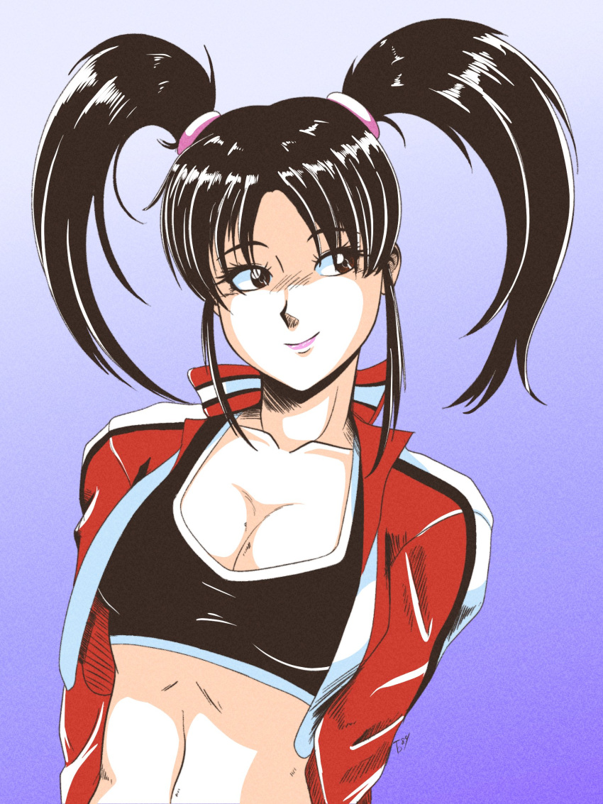 1girl absurdres black_eyes blue_background breasts cleavage cowboy_shot cropped_jacket highres jacket ling_xiaoyu long_sleeves midriff navel open_clothes open_jacket red_jacket side_ponytail smile solo stomach tedbob84 tekken tekken_4