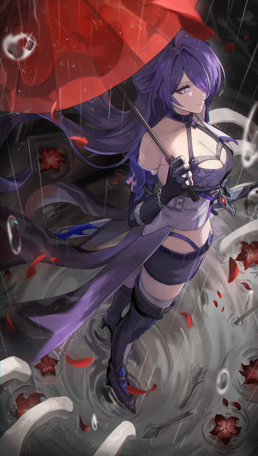1girl absurdres acheron_(honkai:_star_rail) bare_shoulders black_choker black_footwear black_gloves boots breasts chain choker cleavage commentary crop_top elbow_gloves flower gloves high_heel_boots high_heels highres holding holding_umbrella honkai:_star_rail honkai_(series) katana large_breasts long_hair looking_at_viewer midriff purple_eyes purple_hair rain red_flower red_umbrella ripples rope_(ropeseol) scabbard sheath sheathed solo standing sword umbrella very_long_hair weapon