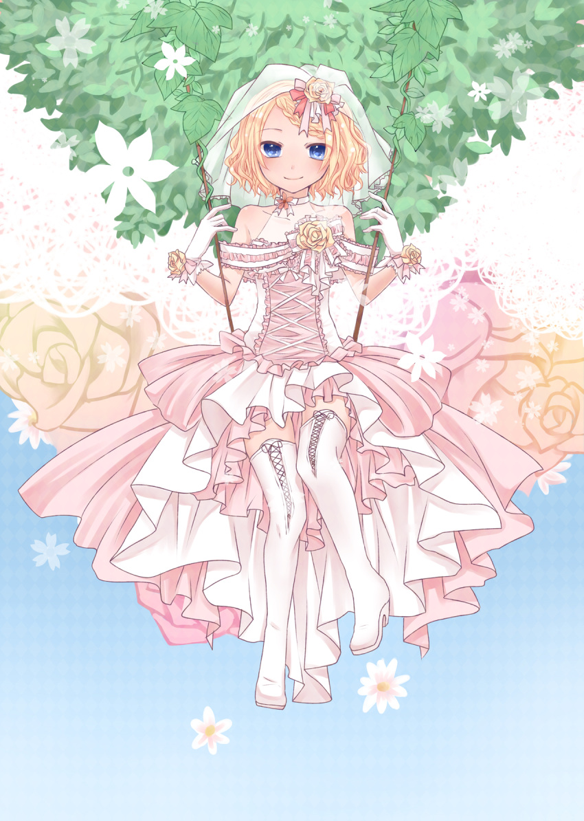 blonde_hair blue_eyes blush boots dress flower frilled_dress frills gloves highres kagamine_rin looking_at_viewer rose short_hair smile solo swing thigh_boots veil vocaloid wedding_dress white_dress white_gloves yayoi_(egoistic_realism)