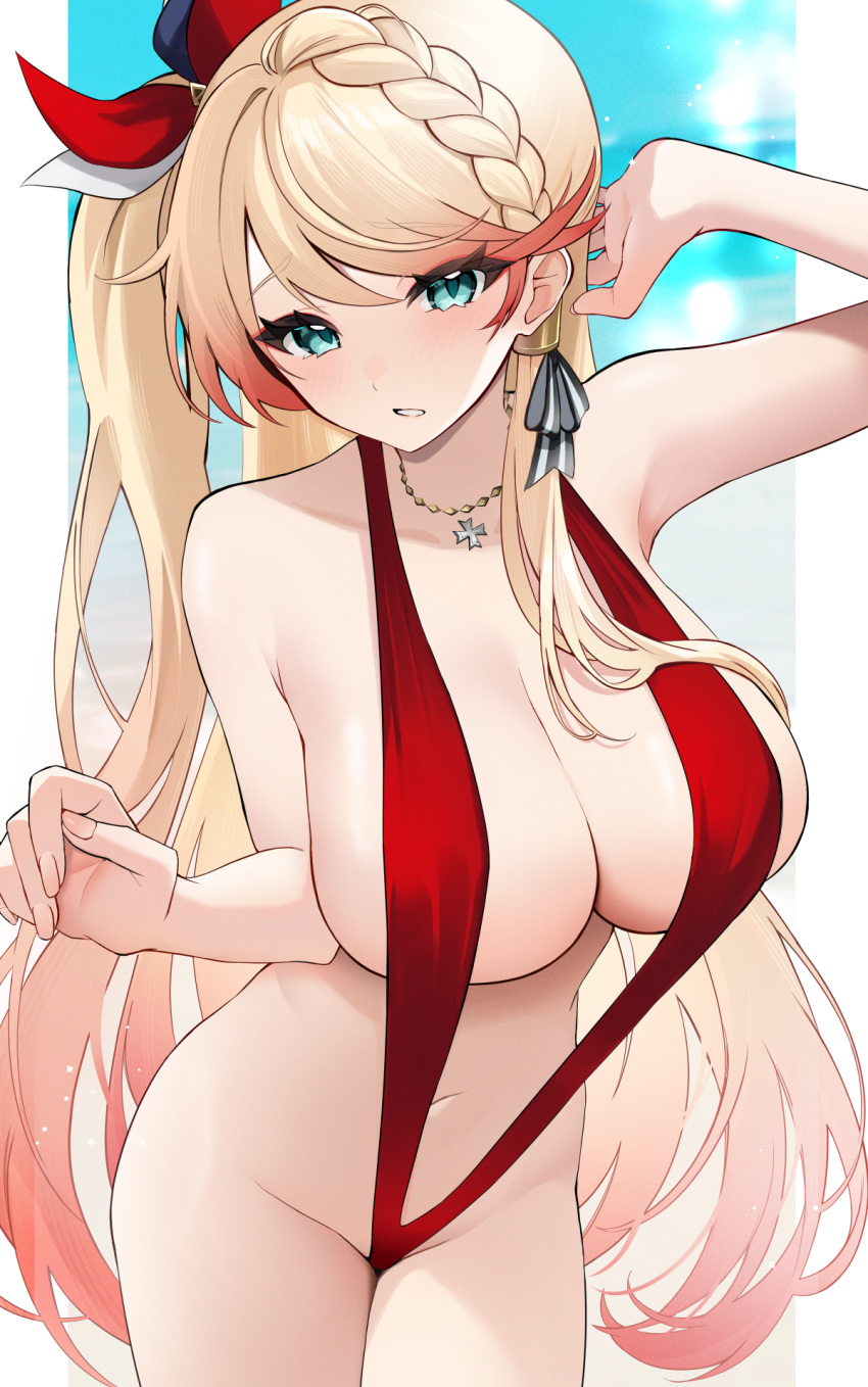 1girl azur_lane blonde_hair blue_eyes braid breasts commission hair_ribbon highres howe_(azur_lane) jewelry large_breasts long_hair looking_at_viewer necklace ribbon simple_background skeb_commission slingshot_swimsuit solo swimsuit yamaha_tsui