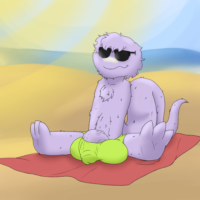 anthro armless balls beach big_balls big_bulge big_penis big_tail bulge clothing eyewear genitals hi_res male mikey6193 on_towel penis penis_peek solo speedo spread_legs spreading squirmle sunglasses swimwear tail towel vein veiny_penis wardrobe_malfunction