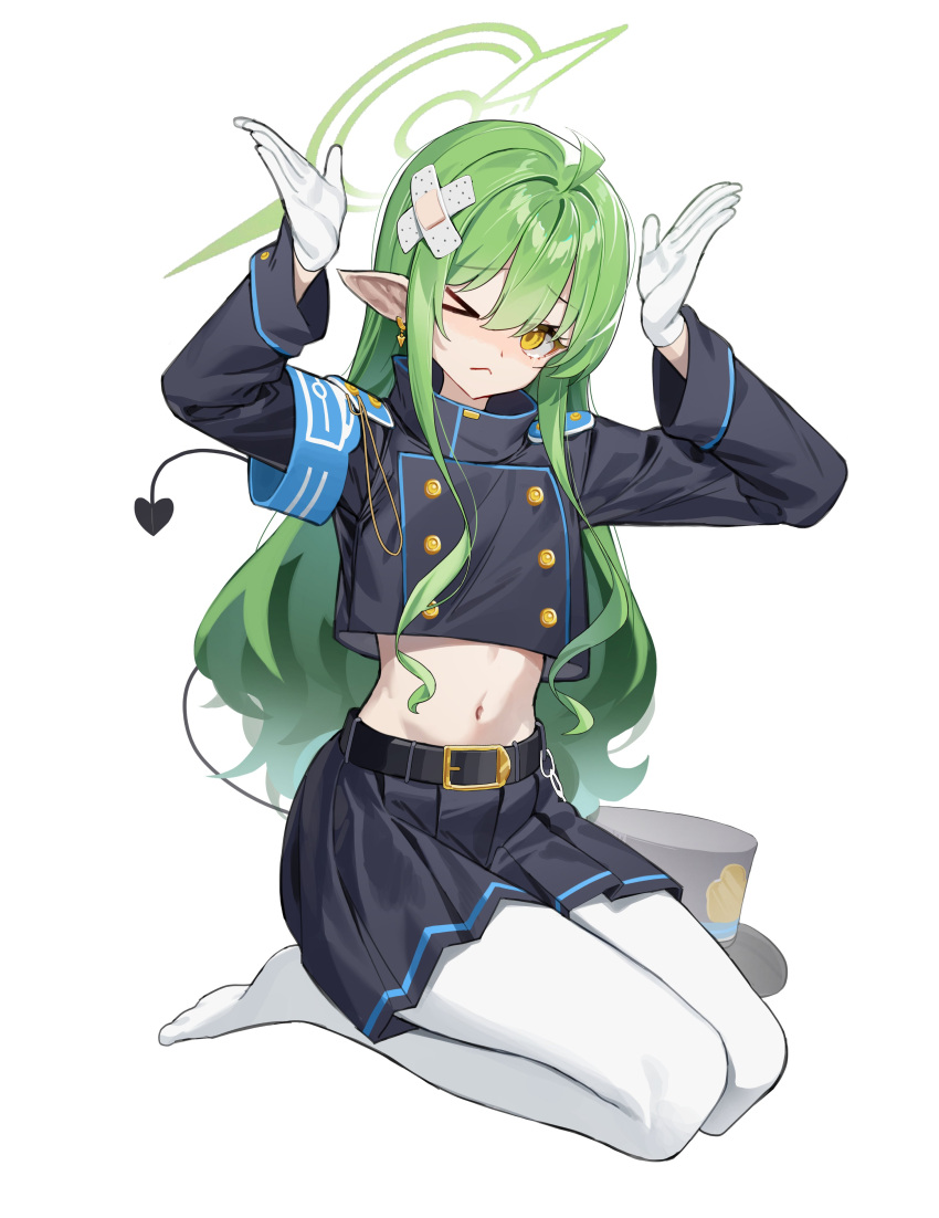&gt;_o 1girl absurdres ahoge armband arms_up bandaid bandaid_on_head black_shirt black_skirt blue_archive blue_armband blush crop_top crossed_bandaids demon_girl demon_tail full_body gloves green_hair green_halo halo highlander_sidelocks_conductor_(blue_archive) highres long_hair long_sleeves looking_at_viewer midriff navel one_eye_closed pantyhose pointy_ears seiza shirt shorts sidelocks sitting skirt soles solo stomach sugar_(dndi888) tail unworn_headwear v-shaped_eyebrows very_long_hair white_gloves white_pantyhose yellow_eyes
