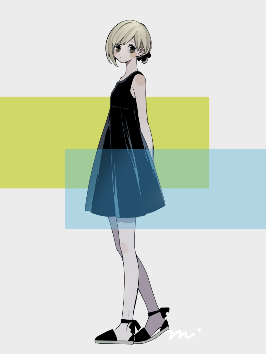 1girl arms_behind_back bare_arms bare_shoulders black_bow black_dress black_footwear blonde_hair bow closed_mouth dress expressionless from_side full_body highres looking_at_viewer maco22 multicolored_background original short_hair signature sleeveless sleeveless_dress solo standing white_background