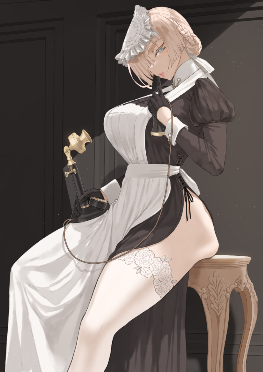 1girl antique_phone apron black_dress black_gloves blonde_hair blue_eyes braid breasts commentary_request dress french_braid gloves half_gloves highres holding holding_phone index_finger_raised juliet_sleeves lace-trimmed_thighhighs large_breasts lips long_sleeves looking_at_viewer maid original phone puffy_sleeves sitting solo thick_thighs thighhighs thighs throtem white_apron white_thighhighs