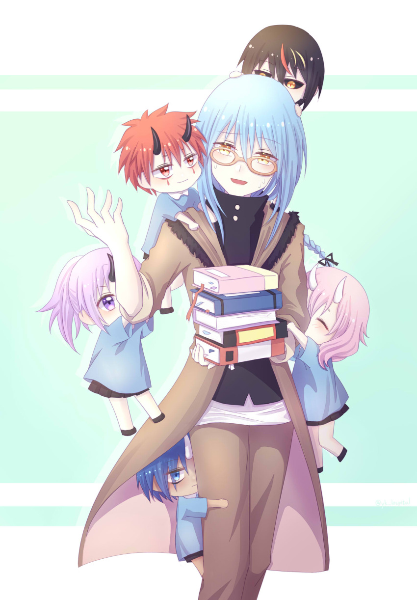 1other 2girls 3boys aged_down benimaru_(tensei_shitara_slime_datta_ken) black_hair blue_eyes blue_hair book brown_jacket diablo_(tensei_shitara_slime_datta_ken) glasses highres horns jacket multiple_boys multiple_girls purple_eyes purple_hair red_hair rimuru_tempest shion_(tensei_shitara_slime_datta_ken) short_hair shuna_(tensei_shitara_slime_datta_ken) souei_(tensei_shitara_slime_datta_ken) tensei_shitara_slime_datta_ken yellow_eyes youzora