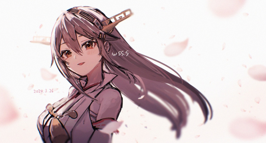 1girl black_hair brown_eyes detached_sleeves gold_hairband hair_ornament hairband hairclip haruna_(kancolle) haruna_kai_ni_(kancolle) headgear kantai_collection long_hair nontraditional_miko one-hour_drawing_challenge petals popped_collar ribbon-trimmed_sleeves ribbon_trim smile solo upper_body white_background wss_(nicoseiga19993411)