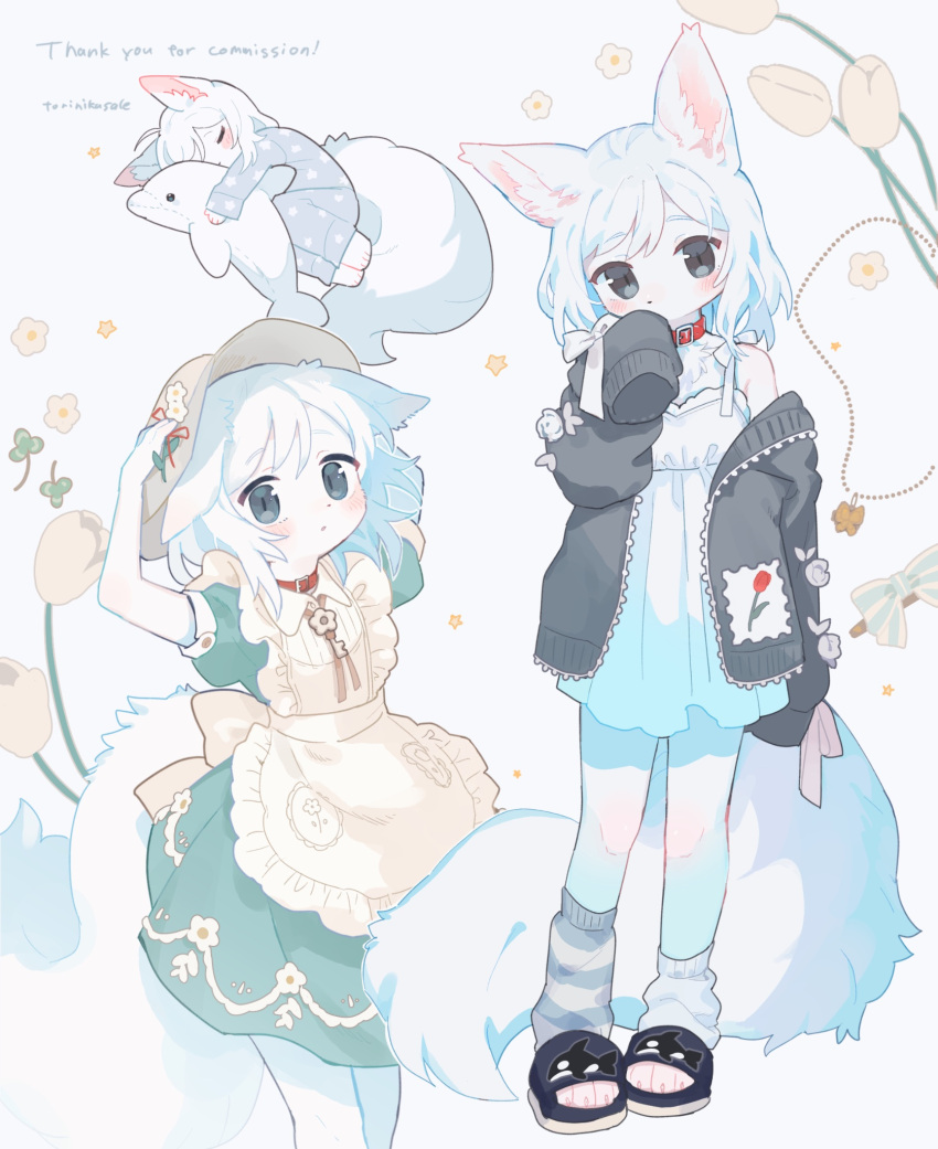 :o animal_ears animal_nose apron aqua_dress arms_up artist_name asymmetrical_legwear back_bow black_cardigan black_eyes blue_footwear blue_pajamas body_fur bow cardigan closed_eyes collar collared_apron commission daisy dress feet_out_of_frame floral_print flower fox_ears fox_girl fox_tail frilled_apron frills furry furry_female gomafuto hand_up hands_on_headwear hat highres hugging_object leg_warmers looking_at_viewer lying medium_hair mismatched_legwear multiple_views on_side open_cardigan open_clothes orca_print original pajamas red_collar sandals simple_background skeb_commission sleeping slit_pupils standing stuffed_animal stuffed_dolphin stuffed_toy sun_hat tail thank_you tulip uneven_legwear white_apron white_background white_dress white_fur white_hair yellow_flower yellow_tulip