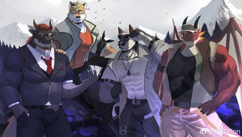 4boys abs absurdres artist_request bara baseball_cap beard bulge cowboy_shot dragon_(any) dragon_boy dragon_ears facial_hair friends full_beard furry furry_male goatee group_picture hat highres jaguar_boy large_pectorals looking_at_viewer male_focus mature_male multiple_boys muscular muscular_male navel navel_hair original pants pectoral_cleavage pectorals red_hair romg romg_the_jaguar standing stomach suit thick_eyebrows wolf_boy