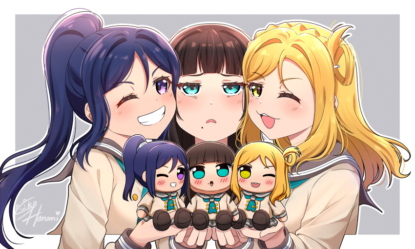 3girls ;3 absurdres aqua_eyes black_hair blonde_hair blunt_bangs blush border character_doll cheek-to-cheek commentary_request doll furrowed_brow grey_background grey_sailor_collar heads_together highres holding holding_doll kurosawa_dia long_hair long_sleeves looking_at_viewer love_live! love_live!_sunshine!! matsuura_kanan multiple_girls ohara_mari one_eye_closed outside_border parted_lips ponytail purple_eyes purple_hair sailor_collar school_uniform sidelocks signature single_hair_ring ska.harumi smile upper_body uranohoshi_school_uniform white_border winter_uniform yellow_eyes