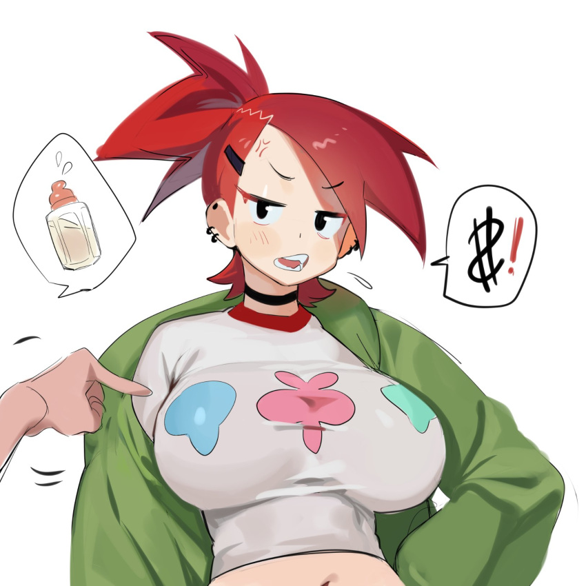 1girl angry black_choker black_eyes breasts choker crop_top cropped_shirt ear_piercing foster's_home_for_imaginary_friends frankie_foster green_jacket hair_ornament hand_on_own_hip highres jacket large_breasts midriff navel nia_(nia4294) piercing ponytail red_hair shirt sleeves_past_wrists solo standing white_background white_shirt