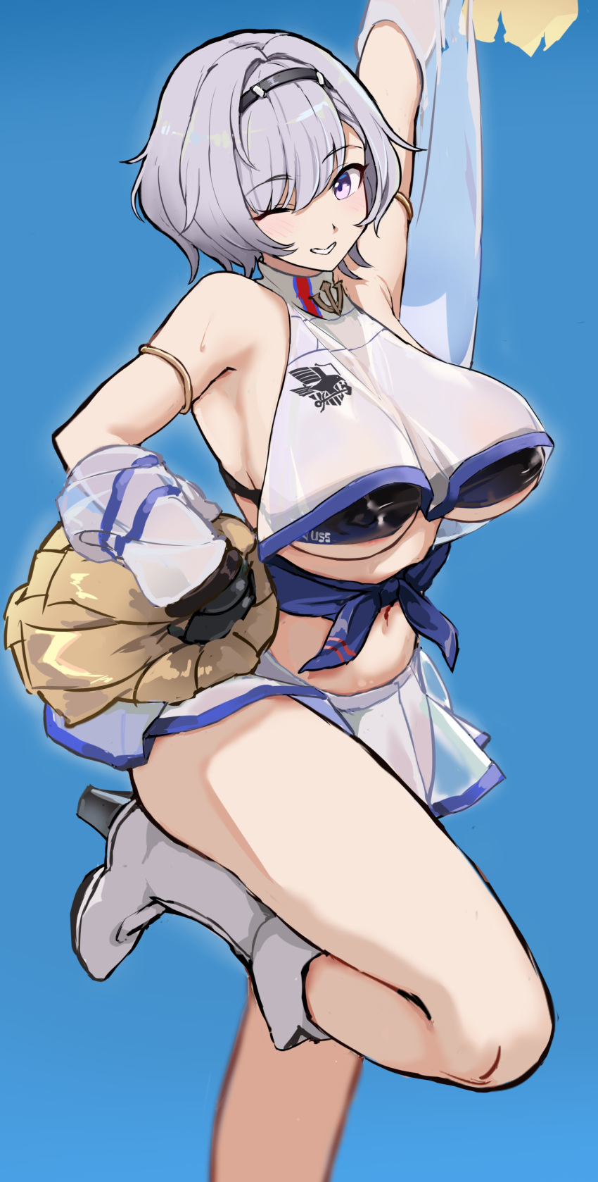 1girl absurdres anchor_symbol arm_strap arm_up azur_lane bare_shoulders black_hairband black_sports_bra blue_background boots breasts cheerleader crop_top eagle_union_(emblem) grey_hair hair_between_eyes hairband high_heel_boots high_heels highres holding holding_pom_poms knee_boots large_breasts light_blush looking_at_viewer navel official_alternate_costume one_eye_closed pom_pom_(cheerleading) purple_eyes purple_sash reno_(azur_lane) reno_(biggest_little_cheerleader)_(azur_lane) ry_(mmm_st_bbb2) sash see-through see-through_shirt see-through_skirt see-through_sleeves shirt short_hair sidelocks simple_background skirt sleeveless smile solo sports_bra standing standing_on_one_leg stomach sweat underboob white_footwear white_shirt white_skirt