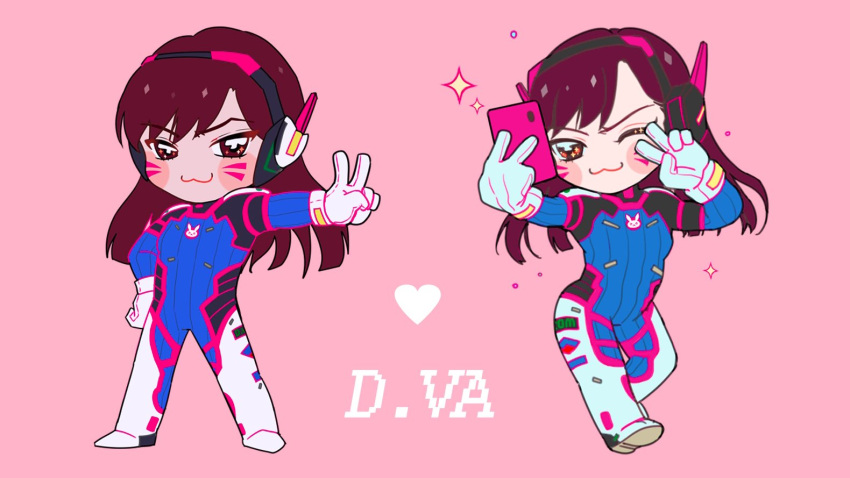 1girl :3 blue_bodysuit bodysuit brown_eyes brown_hair cellphone character_name chibi chibi_only d.va_(overwatch) facial_mark full_body gloves heart holding holding_phone long_hair multiple_views no_nose one_eye_closed overwatch phone selfie smartphone sparkle standing v whenever96 white_gloves