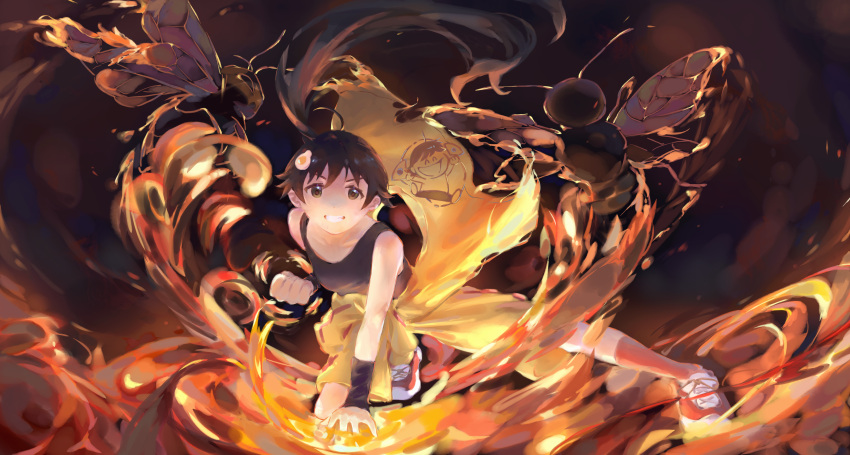 1girl absurdres ahoge ahriii araragi_karen arm_support bakemonogatari bee black_eyes black_hair black_shirt black_wristband bug clenched_hand clenched_teeth egg_hair_ornament fighting_stance fire food-themed_hair_ornament full_body hair_ornament highres looking_at_viewer monogatari_(series) pants shirt shoes short_hair sneakers solo stretching t-shirt teeth white_footwear yellow_pants