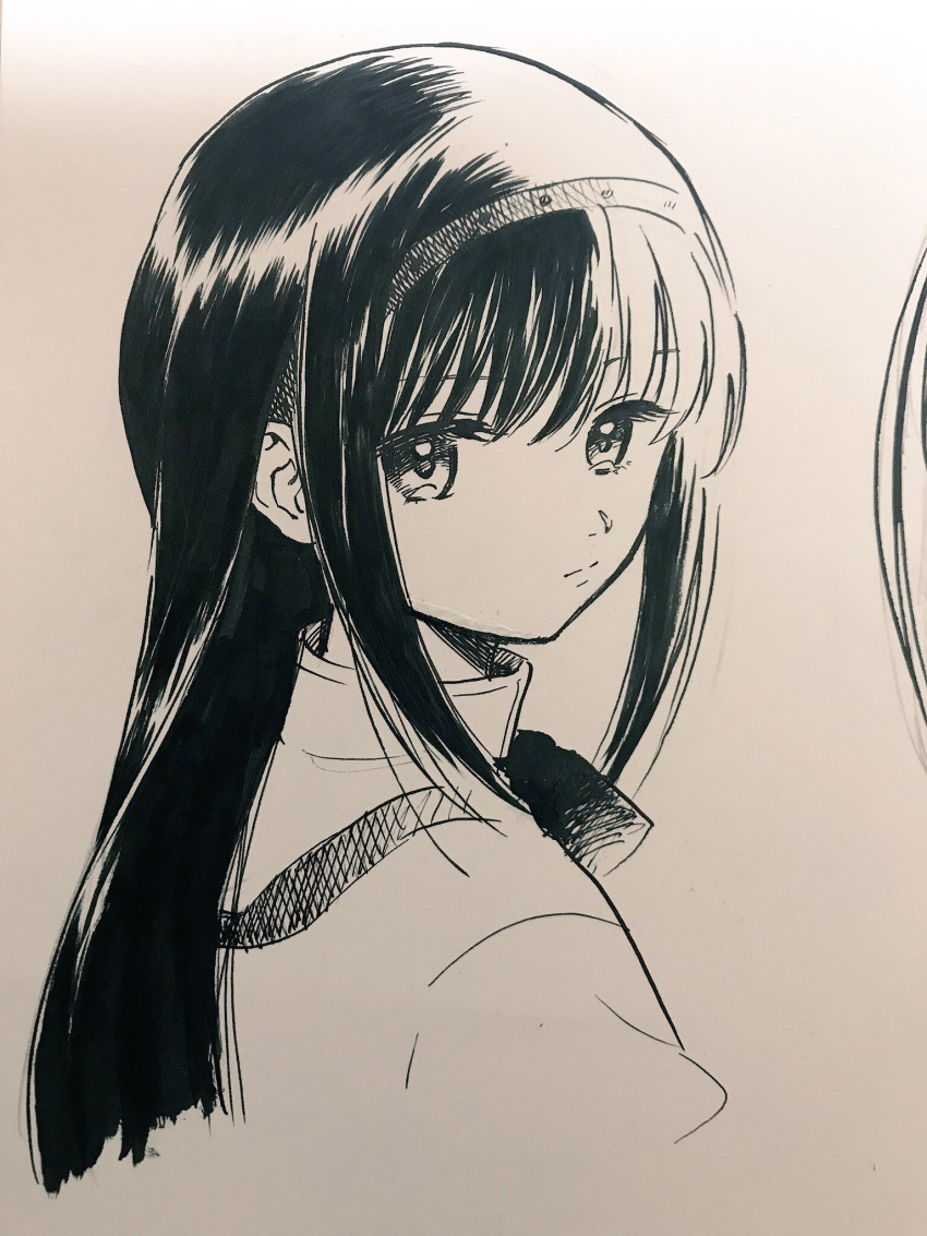 1girl akemi_homura bow bowtie closed_mouth collared_shirt commentary_request cropped_torso expressionless eyelashes from_behind greyscale hairband high_collar highres long_hair looking_at_viewer looking_back mahou_shoujo_madoka_magica mahou_shoujo_madoka_magica_(anime) mitakihara_school_uniform monochrome no+bi= photo_(medium) puffy_sleeves school_uniform shirt solo straight_hair studded_hairband traditional_media