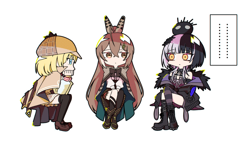 3girls ahoge asymmetrical_legwear black_choker black_coat black_dress black_footwear black_hair black_socks black_thighhighs blob blonde_hair blue_eyes boots bow bowtie brown_bow brown_bowtie brown_cloak brown_coat brown_eyes brown_footwear brown_hair brown_hat brown_skirt chest_belt chibi choker cloak closed_mouth coat commentary cross-laced_footwear crossed_bangs crossed_legs deerstalker dress english_commentary expressionless feather_hair_ornament feathers fur-trimmed_coat fur_trim grey_hair hair_between_eyes hair_ornament hairclip hand_on_own_chin hat head_rest highres hololive hololive_english invisible_chair lace lace-up_boots lace_choker loafers long_hair long_sleeves looking_at_another looking_to_the_side multicolored_hair multiple_girls nanashi_mumei nanashi_mumei_(1st_costume) off_shoulder plaid plaid_skirt pleated_skirt shiori_novella shiori_novella_(1st_costume) shirt shoes sideways_glance single_sock single_thighhigh sitting skirt socks spiked_footwear split-color_hair streaked_hair striped_clothes striped_thighhighs taka_t thighhighs two-tone_hair uneven_legwear v_arms very_long_hair virtual_youtuber watson_amelia watson_amelia_(1st_costume) white_background white_hair white_shirt yellow_eyes yorick_(shiori_novella)