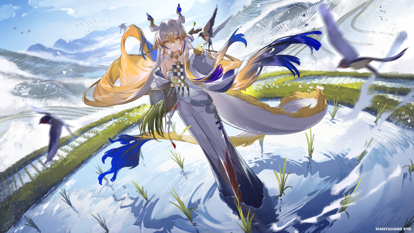 1girl absurdres arknights artist_name bird blue_sky chinese_commentary cloud cloudy_sky commentary_request dragon_girl dragon_horns dragon_tail full_body hair_between_eyes highres horns looking_at_viewer multicolored_hair outdoors outstretched_arm rice rice_paddy shu_(arknights) sky solo tail terrace water xianyu_liang