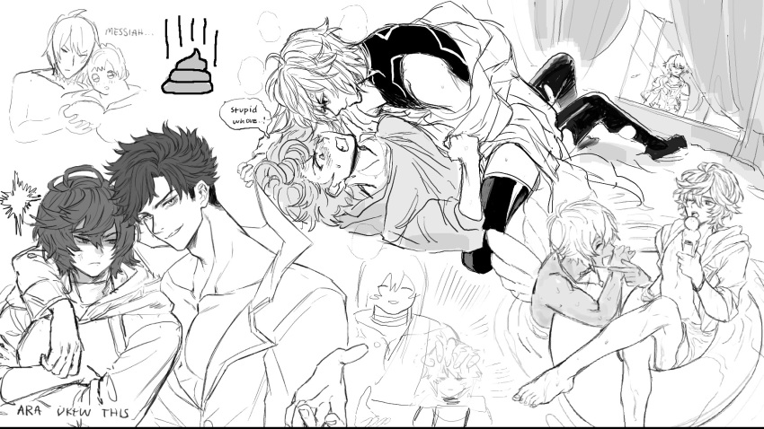 6+boys :d ahoge anger_vein angry arm_around_neck artist_request belial_(granblue_fantasy) blush cassius_(granblue_fantasy) clenched_teeth closed_eyes crossed_arms crossed_legs curtains doodles emoji english_commentary english_text falling_petals fighting food frown grabbing grabbing_another's_breast granblue_fantasy greyscale hair_between_eyes headpat height_difference highres hihazuki hood hood_down ice_cream implied_netorare jacket looking_at_viewer looking_outside lucifer_(shingeki_no_bahamut) lucilius_(granblue_fantasy) lucio_(granblue_fantasy) male_focus male_swimwear messy_hair monochrome multiple_boys multiple_views oekaki official_alternate_costume one_eye_closed open_clothes open_jacket parted_lips partially_submerged partially_undressed pectorals petals pinned poop_emoji sandalphon_(granblue_fantasy) shaded_face shiny_clothes sketch smile speech_bubble swim_ring swim_trunks tan teeth thighhighs turtleneck undercut undressing_another unfinished white_wings wings yaoi
